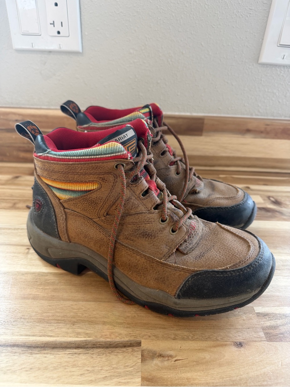 Women’s Brown and Black Leather Hiking Boots with Multicolor Collar